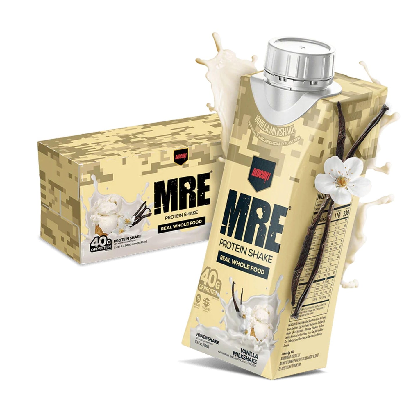 REDCON1 MRE Ready to Drink Protein Shakes Vanilla Milkshake - Protein Drinks with Whole Food Sources - Sugar Free RTD Shake Formulated to Fuel Athletes at Any Time (12 Pack)
