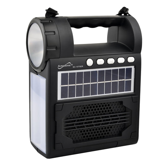 Supersonic SC-1075ER Solar Power Bluetooth Speaker with FM Radio Flashlight & Lantern 360° Antenna Flashlight Lantern USB/SD/3.5mm AUX Input Rechargeable Battery and Solar Panel